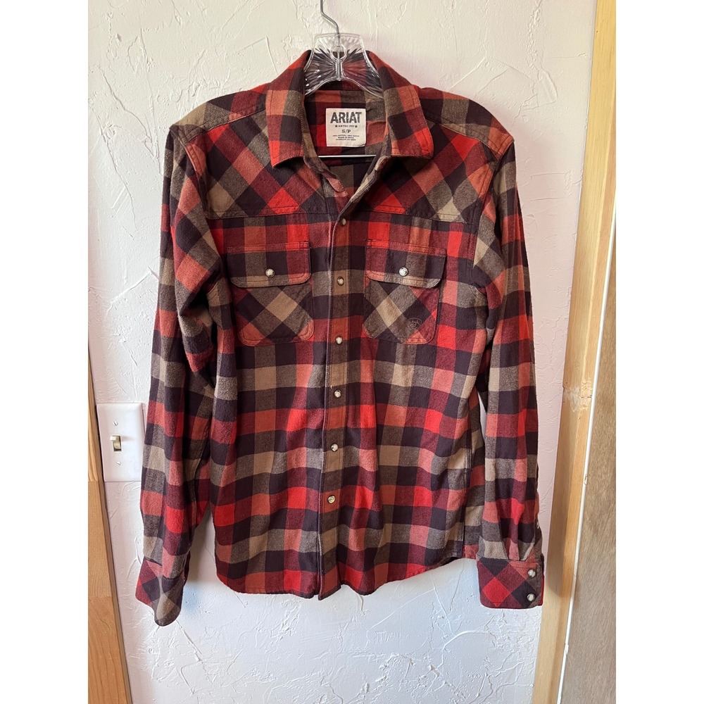 Ariat Retro Fit Mens‎ Small Red Brown Plaid Western Pearl Snap Long Sleeve Shirt